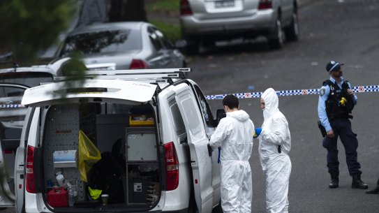 Forensic police at the scene of Rami Iskander’s alleged murder, the latest in a spate of underworld shootings