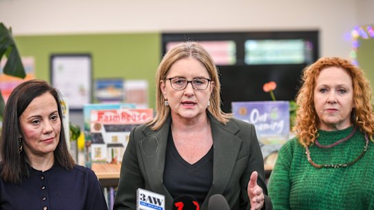 Disability Minister Lizzie Blandthorn, left, with Premier Jacinta Allan in March this year.