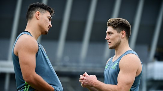 Jordan Petaia (left) and James O'Connor (right) chat during last year's Rugby World Cup. 