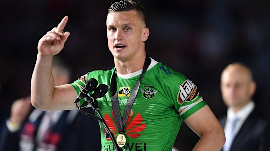 Uncomfortably numb: Jack Wighton accepts the Clive Churchill Medal.