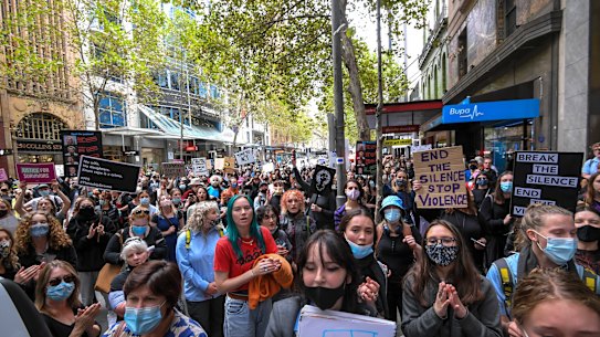 Protesters at the Women’s March 4 Justice at Treasury Gardens in Melbourne on  March 15..