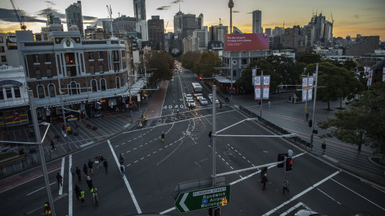 An aerial view of Taylor Square, where the brawl took place, at the intersection of Flinders and Oxford streets.