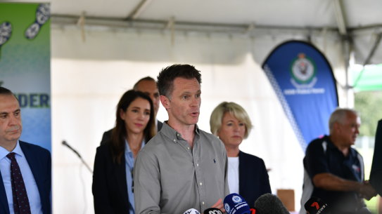 Premier Chris Minns in Moree on Wednesday, when he went to the town to run a youth clinic with NRL chiefs and South Sydney Rabbitohs players Latrell Mitchell, Cody Walker and Tyrone Munro, alongside NSW police