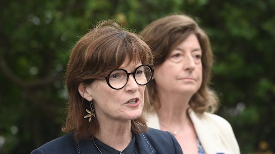 Health Minister Mary-Anne Thomas unveiling the government’s proposed changes on Thursday alongside Dying with Dignity Victoria president Jane Morris. 