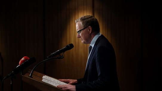 Reserve Bank of Australia Governor Philip Lowe speaks to the media in Sydney on Thursday. 
