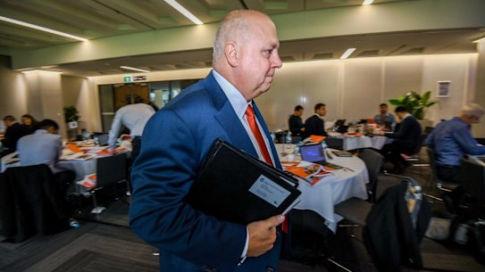 Black on the horizon: Treasurer Tim Pallas at the state budget lock-up. 