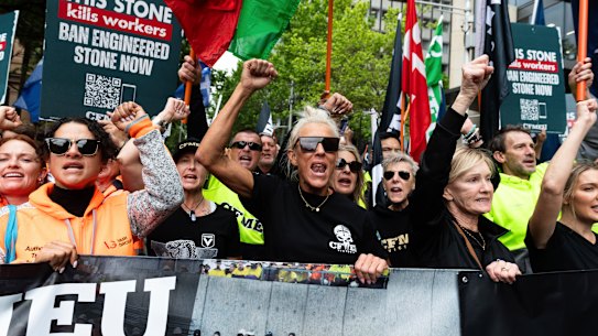 Unionists demanded a ban to engineered stone outside NSW Parliament House on Thursday.