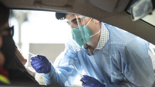 NEWS: Matt Brumby, General Manager of Laverty Pathology, at work at Roselands Covid-19 drive through testing clinic. 6th August 2021, Photo: Wolter Peeters, The Sydney Morning Herald.