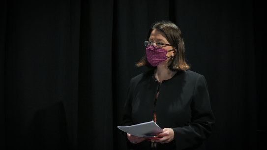 Minister for Health, Jenny Mikakos, at a COVID-19 update in July. 