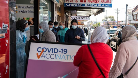 Queues for the COVID-19 vaccine at Lakemba, during Sydney’s Lockdown in July.