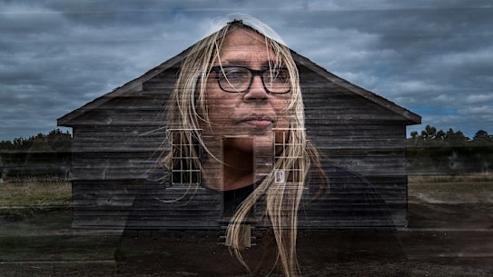 Gunditjmara elder Aunty Donna Wright and the old dormitory at Lake Condah Mission.  