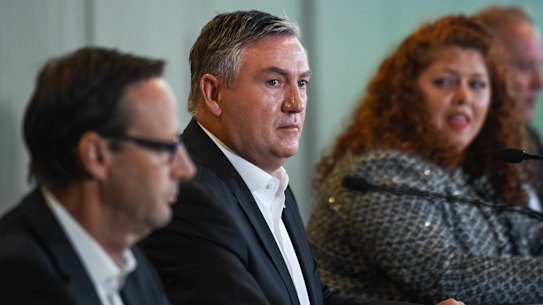Eddie McGuire, Mark Anderson, Jodie Sizer and Peter Murphy at a press conference on Monday.