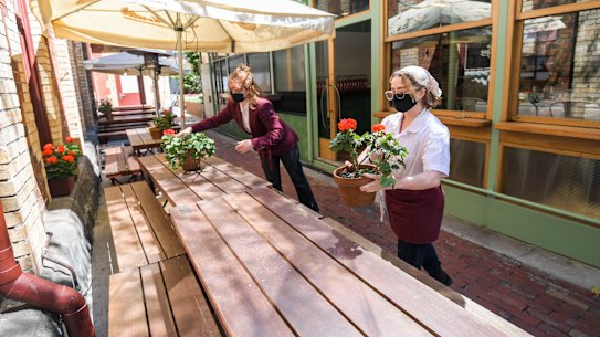 A restaurant on Exhibition Street, in Melbourne CBD prepares to welcome customers.