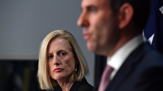 Finance Minister Katy Gallagher with Treasurer Jim Chalmers. Both are overseeing a “line by line” examination of budget spending.