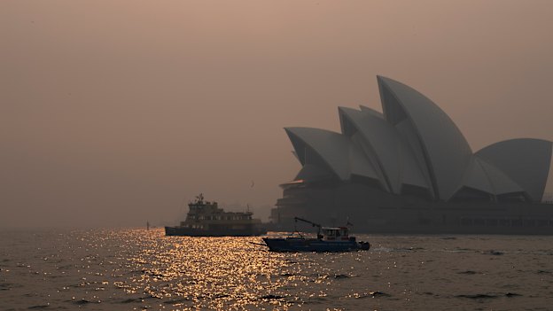 Smoke haze over Sydney Harbour from bushfires burning in NSW in early December.