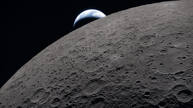 The Earth setting behind the moon.