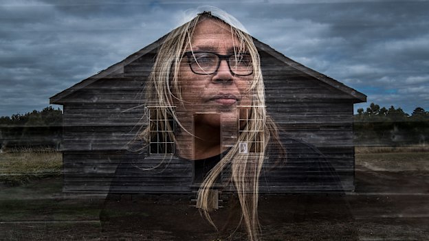 Gunditjmara elder Aunty Donna Wright and the old dormitory at Lake Condah Mission.  