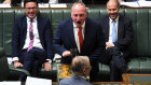 Barnaby Joyce, flanked by David Littleproud and Josh Frydenberg, lets fly at Anthony Albanese in question time on Tuesday.