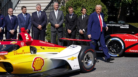 US President Donald Trump during an event with racing champions outside the White House on Wednesday.