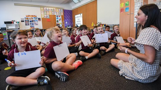 Churchill Primary School teacher Lina D’Alia uses phonics to teach year one students to read. 
