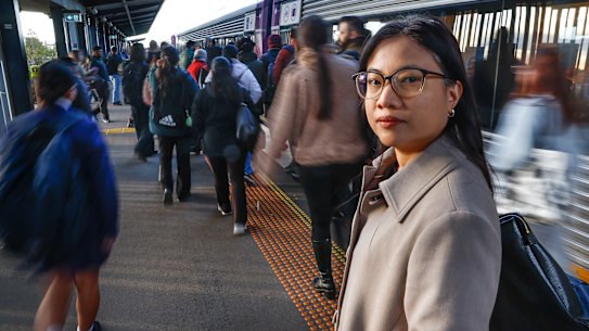 Marelen Yap at V/Line’s Rockbank station, which heaves with city-bound commuters at peak-hour.
