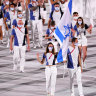 Hanna Minenko and Yakov Toumarkin of Team Israel lead their team during the Opening Ceremony of the Tokyo 2020 Olympic Games at Olympic Stadium  in 2021.