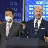 US President Joe Biden (right) speaks with South Korean President Yoon Suk-youl after a visit to the Samsung Electronic Pyeongtaek Campus in Pyeongtaek.
