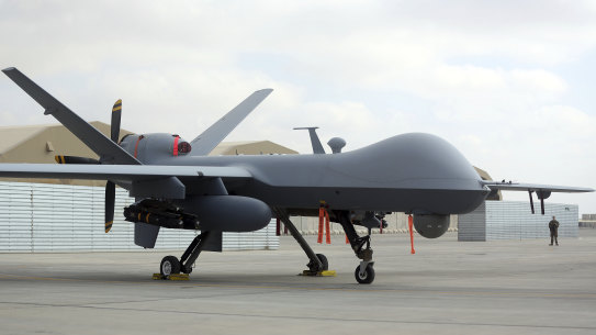 An US MQ-9 drone on display during an air show at Kandahar Airfield, Afghanistan, in January 2018.