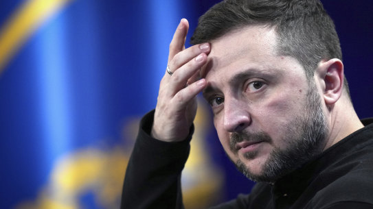 Ukrainian President Volodymyr Zelensky answers media questions during his press conference, in Kyiv, Ukraine, on Sunday.