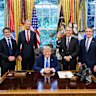 Incoming Rio Tinto chief executive Simon Trott (left), outgoing Rio boss Jakob Stausholm, US President Donald Trump, BHP chief executive Mike Henry and Secretary of the Interior Doug Burgum in the Oval Office.