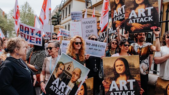 ‘Art Attack’: Protesters outside Parliament House on Tuesday. 