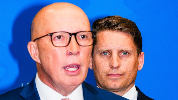 Dutton and Hastie at a campaign press conference last week.