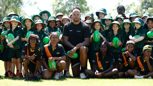 AFL great Lance Franklin with children at the Michael Long Centre in Darwin.