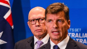 Angus Taylor with the then Liberals  leader Peter Dutton on the campaign trail.