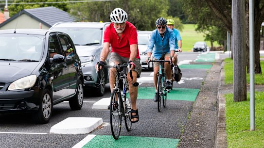 Cyclists David Martin, front, Mike Botton and Geoff Ashton on the Heath Street cycleway,