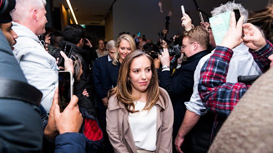 Julian Assange’s wife Stella arrives at a press conference at the East Hotel in Canberra.