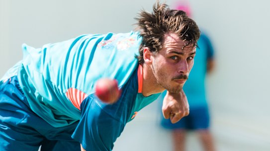 Lance Morris bowls in the SCG nets on Monday ahead of the Sydney Test.