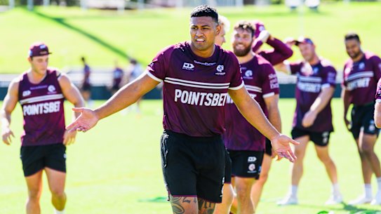 ‘It’s just words’: Haumole Olakau’atu at Manly training on Tuesday.