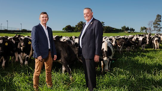 Tony Perich, right, and his son Mark Perich on their dairy farm, which is the subject of an audit report over the Commonwealth's handling of its $30 million purchase.