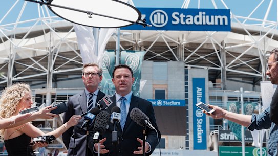 NSW Treasurer Dominic Perrottet and Minister for Sport Stuart Ayres discuss the demolition of the stadium.