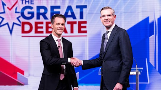 Premier Dominic Perrottet and NSW Labor leader Chris Minns as the debate begins.