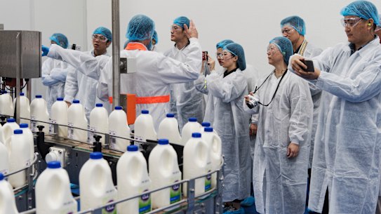 Officials and members of Chinese state owned media companies visit the A2 Milk factory in Sydney. 