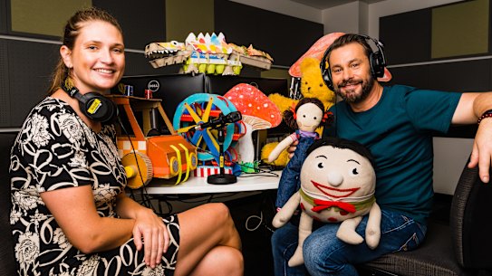 Emma Gibbs, senior producer - ABC Kids Audio, and presenter Teo Gebert with beloved Playschool characters from the show as the 55-year-old program launches a podcast.