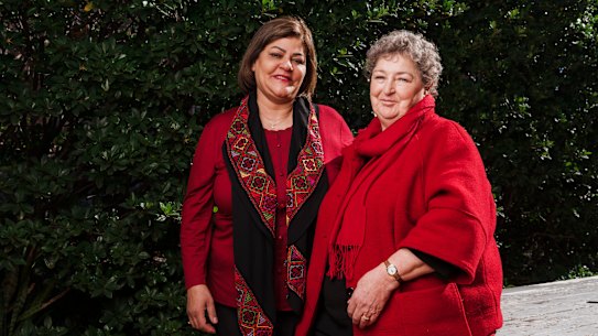Lebanon-based Palestinian nurse and refugee Olfat Mahmoud and Australian human rights campaigner Helen McCue.