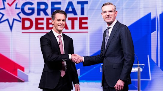 Premier Dominic Perrottet and NSW Labor leader Chris Minns as the debate begins.