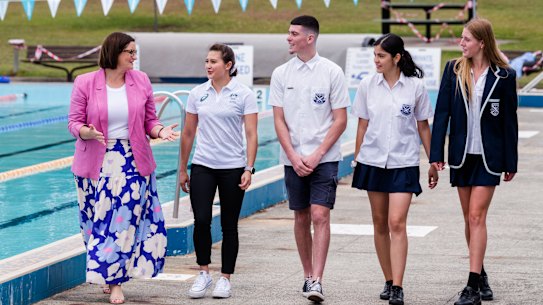 Education Minister Sarah Mitchell  and Tokyo Olympian Melissa Wu meet with year 12 students from Matraville Sports High School before tomorrow’s start of the HSC exams