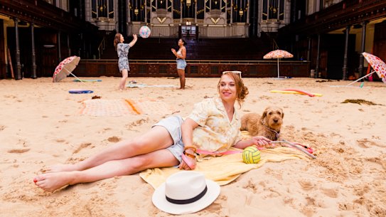 Festival director Olivia Ansell and Fleur soak up the atmosphere on the Town Hall ‘beach’.