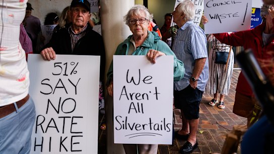 Protesters rally against the Northern Beaches Council’s proposed 40 per cent rate rise.