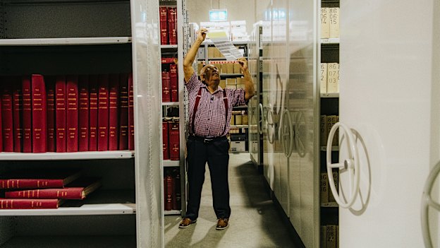 Mervyn Bishop, the first Aboriginal press photographer and former Sydney Morning Herald employee, visits the newspaper’s archive in Alexandria. 