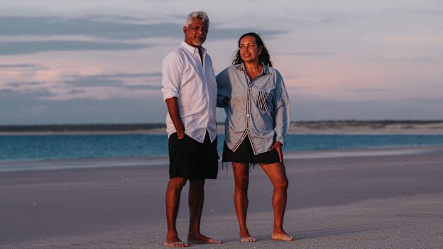 Friends Darrell Sibosado, Goolarrgon Bard man and artist, and Frances Rings, choreographer and artistic director of Bangarra Dance Theatre, in Lombadina, Sibosado’s Dampier Peninsula home.